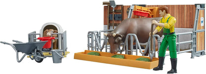bruder Tiere 62611 – Bworld Cow and Calf Hutch with Farmer & Accessories – 1:16 Agriculture Farm Stable Bull Animals Toy, Multicoloured