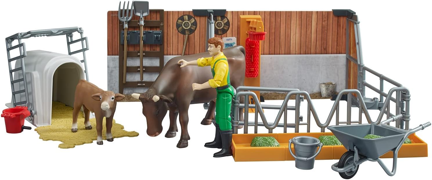 bruder Tiere 62611 – Bworld Cow and Calf Hutch with Farmer & Accessories – 1:16 Agriculture Farm Stable Bull Animals Toy, Multicoloured