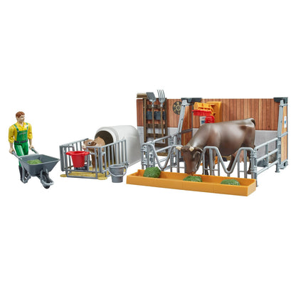 bruder Tiere 62611 – Bworld Cow and Calf Hutch with Farmer & Accessories – 1:16 Agriculture Farm Stable Bull Animals Toy, Multicoloured