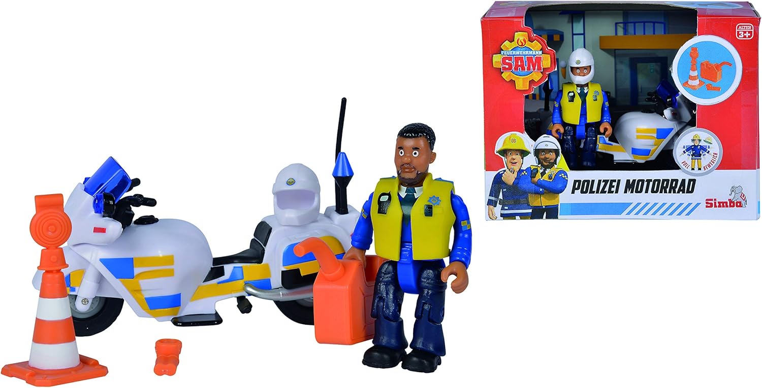 Simba 109251092002 Fireman Sam Police Motorcycle Plus Articulated Malcolm Action Figure le Pompier, Multicolored