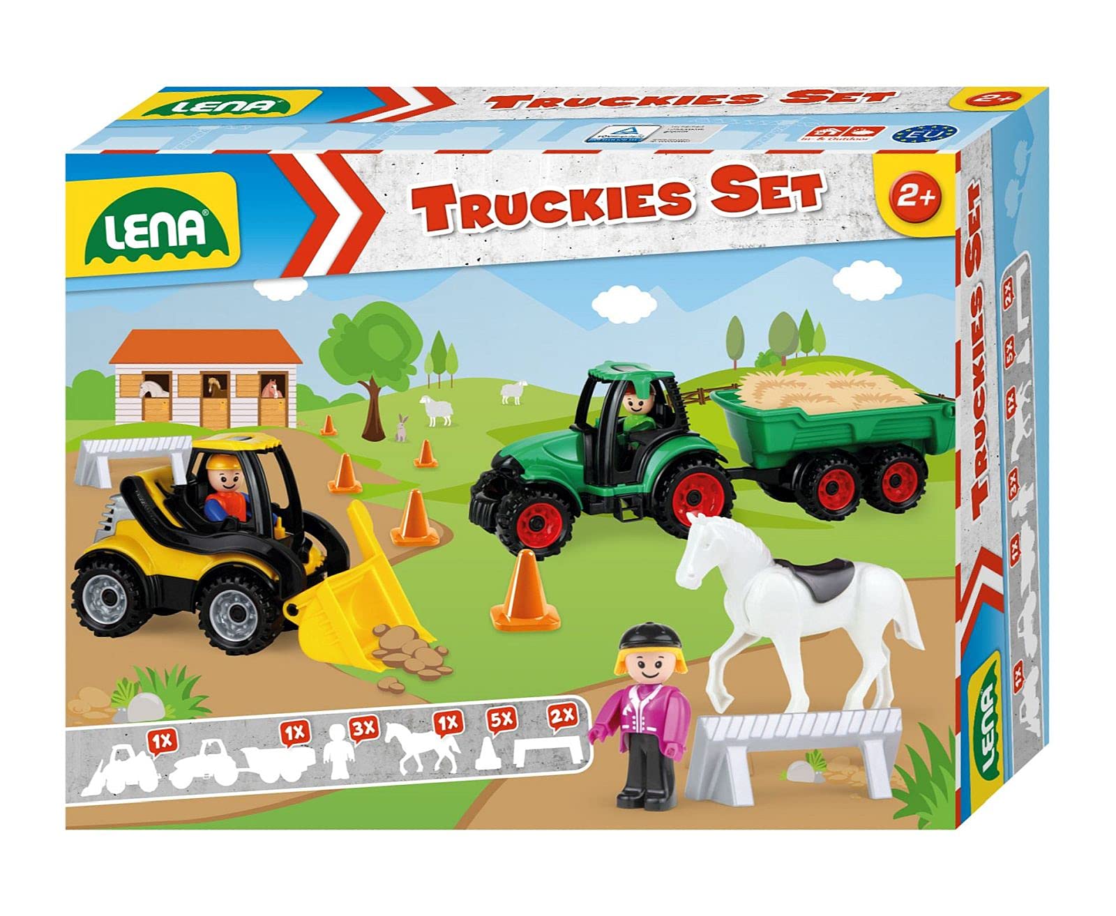Lena 01632 Truckies 13 Pieces Contents: Tractor with Trailer 36 cm, Wheel Loader Approx. 21 cm, 3 Toy Figures, 1 Horse, 2 Barks & 5 Pylons, Commercial Vehicles & Figures for Children from 2 Years, Modern