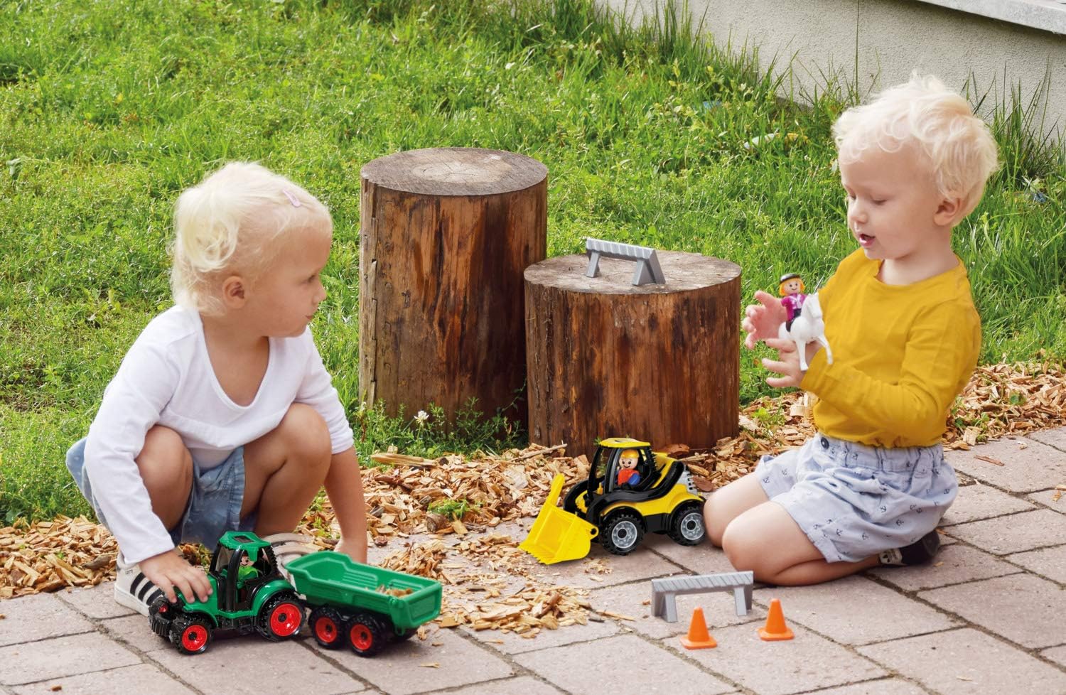 Lena 01632 Truckies 13 Pieces Contents: Tractor with Trailer 36 cm, Wheel Loader Approx. 21 cm, 3 Toy Figures, 1 Horse, 2 Barks & 5 Pylons, Commercial Vehicles & Figures for Children from 2 Years, Modern