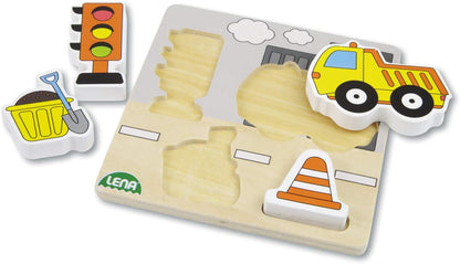 Lena 32163 Construction Site with Dump Truck, 5.5 x 2.5 x 18 cm Wooden Jigsaw Puzzle