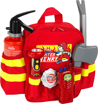 Theo Klein 8900 Firefighter Henry Backpack I With Battery-Powered Torch, Fire Extinguisher and Much More I Robust Backpack with Reflective Strips and Adjustable Straps