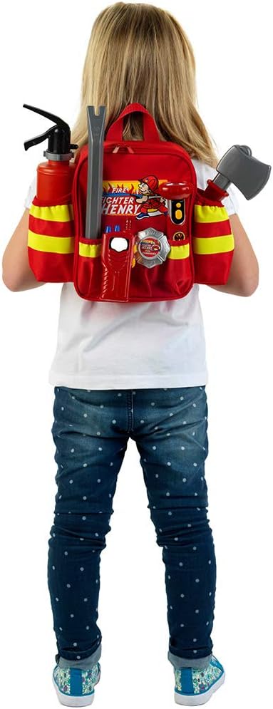 Theo Klein 8900 Firefighter Henry Backpack I With Battery-Powered Torch, Fire Extinguisher and Much More I Robust Backpack with Reflective Strips and Adjustable Straps