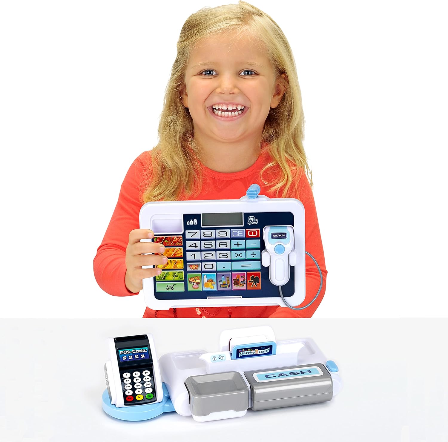 Klein Theo 9324 Tablet cash station I Play cash register with sound and detachable tablet, POS terminal, Scanner and play money I Toys for children aged 3 and over. Single