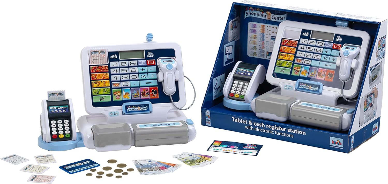 Klein Theo 9324 Tablet cash station I Play cash register with sound and detachable tablet, POS terminal, Scanner and play money I Toys for children aged 3 and over. Single