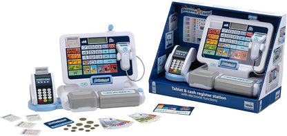 Klein Theo 9324 Tablet cash station I Play cash register with sound and detachable tablet, POS terminal, Scanner and play money I Toys for children aged 3 and over. Single