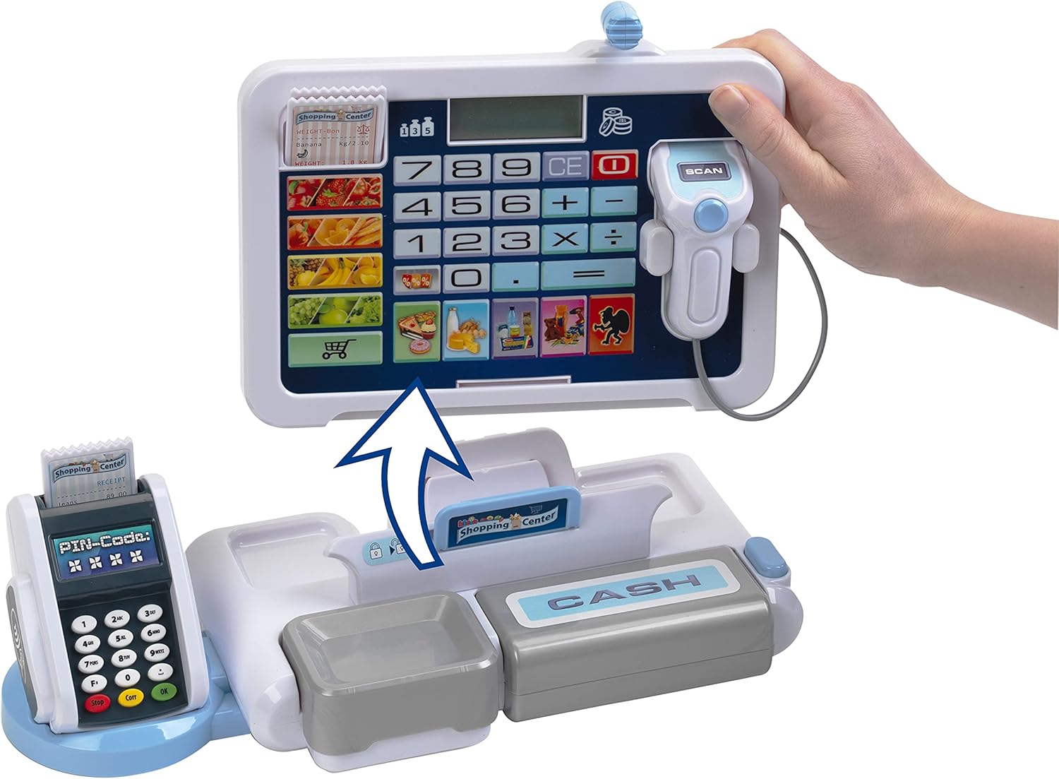 Klein Theo 9324 Tablet cash station I Play cash register with sound and detachable tablet, POS terminal, Scanner and play money I Toys for children aged 3 and over. Single