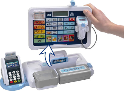 Klein Theo 9324 Tablet cash station I Play cash register with sound and detachable tablet, POS terminal, Scanner and play money I Toys for children aged 3 and over. Single