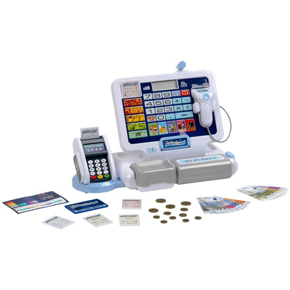 Klein Theo 9324 Tablet cash station I Play cash register with sound and detachable tablet, POS terminal, Scanner and play money I Toys for children aged 3 and over. Single