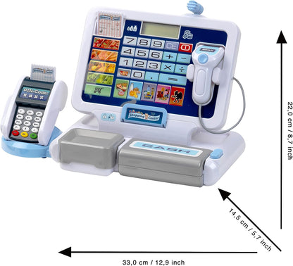 Klein Theo 9324 Tablet cash station I Play cash register with sound and detachable tablet, POS terminal, Scanner and play money I Toys for children aged 3 and over. Single
