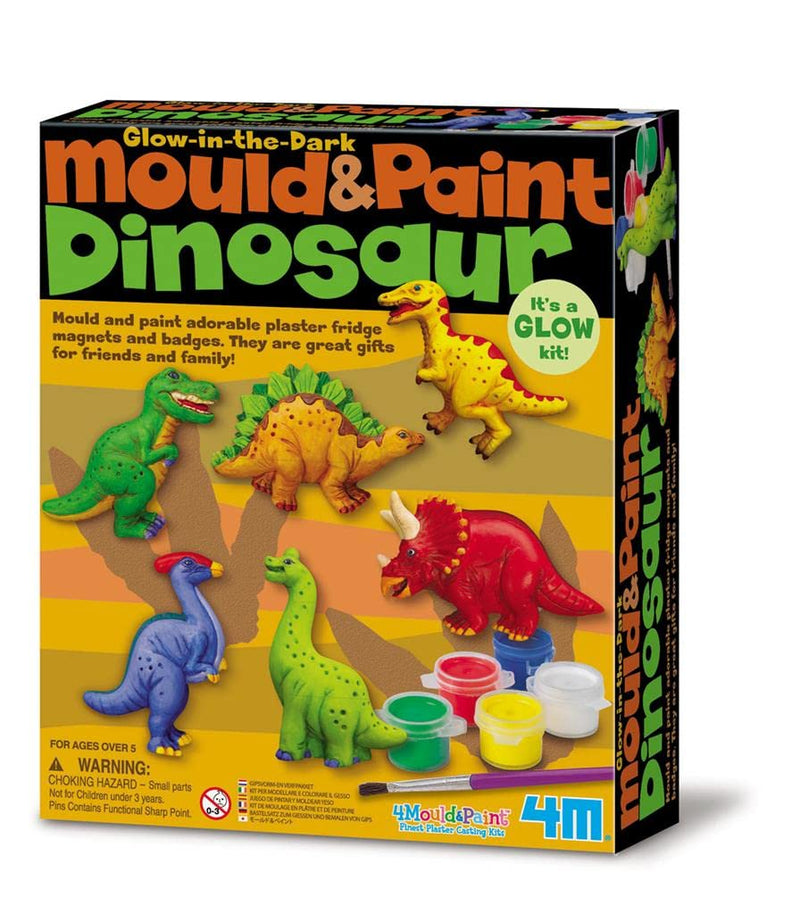 4M Dinosaur Mould and Paint, Arts and Crafts Kit to Create your own Dinosaur Magnets or Badges and Paint using the paints provided, Glow in the Dark for ages 5+