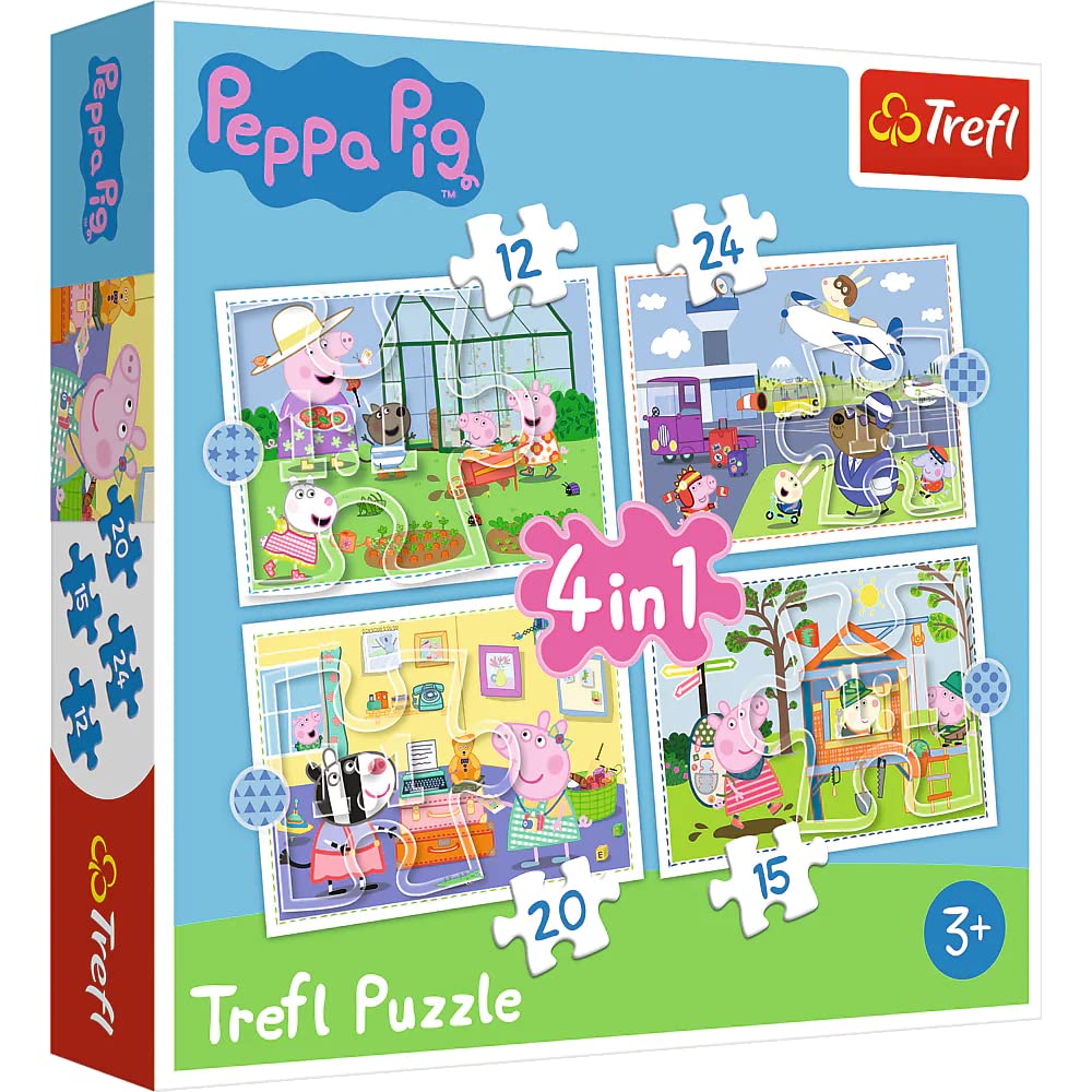 Trefl TR34359 , Puzzle, Ferienerinnerungen, von 12 bis 24 Teilen, 4 Sets, Peppa Pig, für Kinder ab 3 Jahren, 28,5x20,5cm