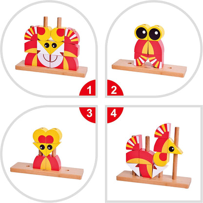 Wooden Stacking,Wood Stacker Blocks, Sorting Toy,Classic World Stacker for Baby Toddler Early Learning Education（Lion Uni Blocks，RED）