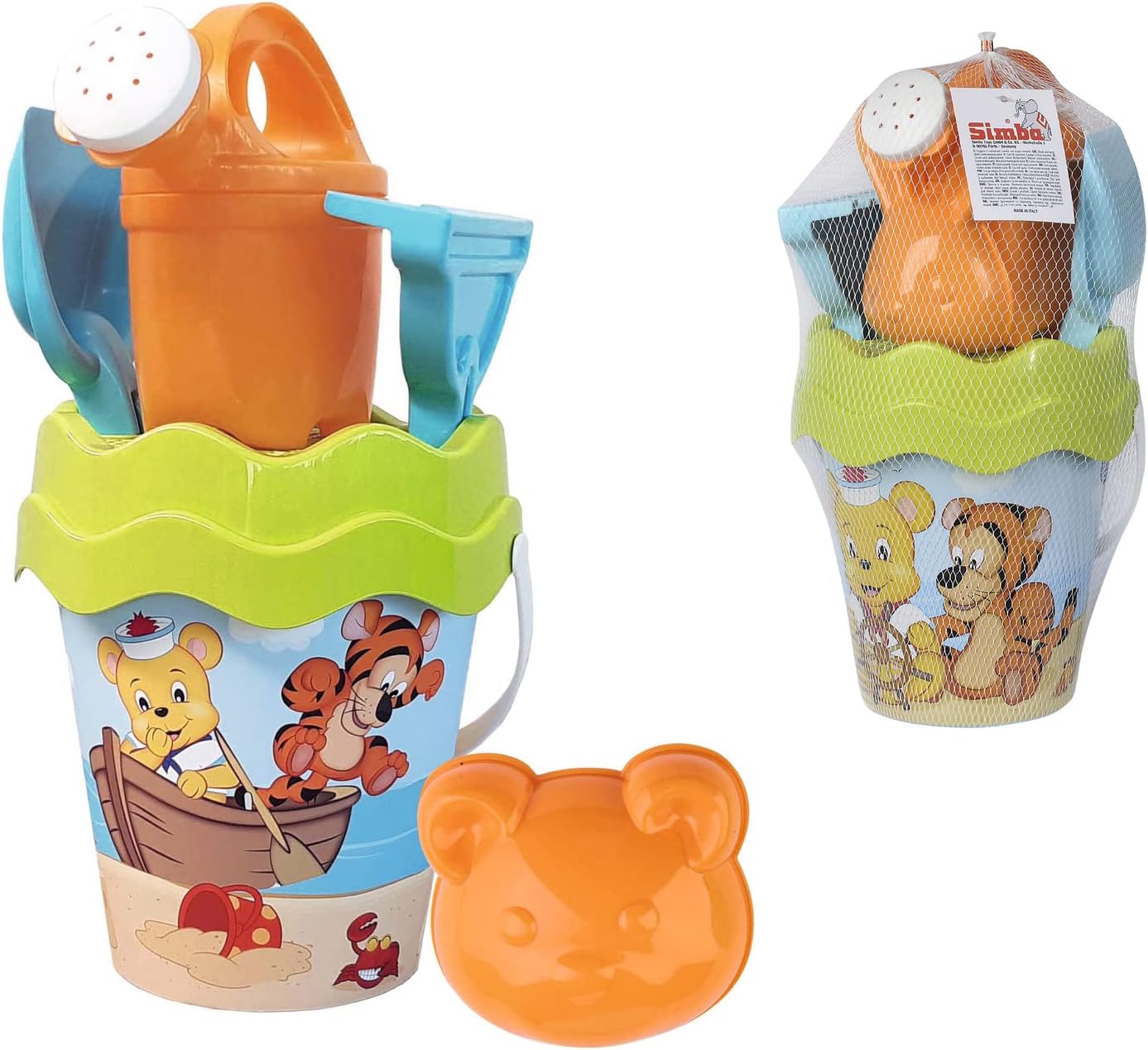 Simba 107114606 Poppy Set, Toy, 6 Pieces, Bucket, Strainer, Sand Mould, Shovel, Rake, Watering Can 16 cm, Diameter: 17 cm, from 10 Months