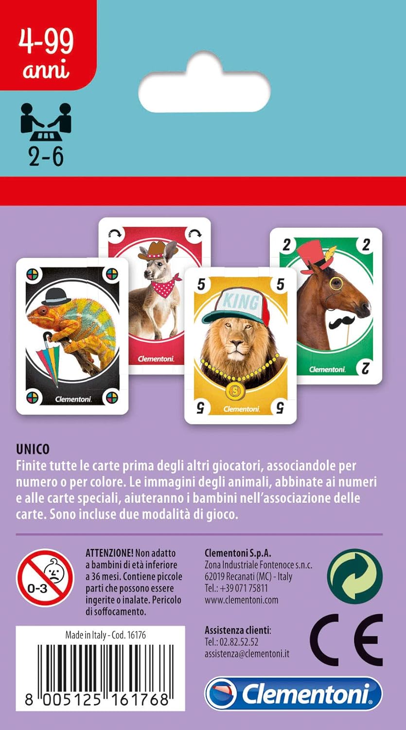 Clementoni, Sapientino-16176 Sapientino Animals Unico, Playing Cards for Children (Italian Version), Multicoloured, 16176