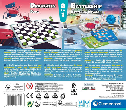 Clementoni Naval Battle + Checkers Table, Society Game for All Family, 2 Players, 6 Years+, Made in Italy, Multicoloured, 16305