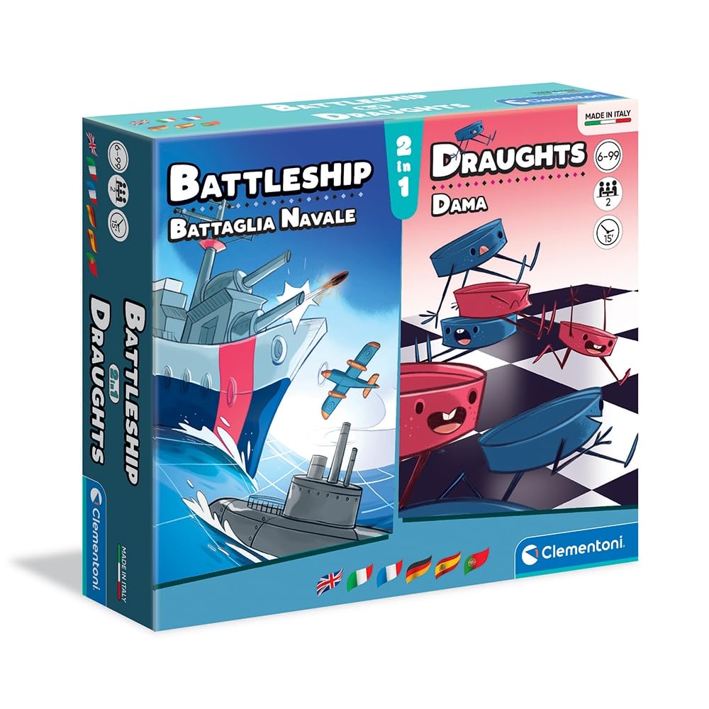 Clementoni Naval Battle + Checkers Table, Society Game for All Family, 2 Players, 6 Years+, Made in Italy, Multicoloured, 16305