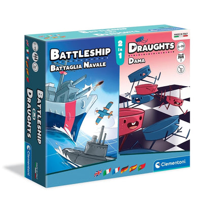 Clementoni Naval Battle + Checkers Table, Society Game for All Family, 2 Players, 6 Years+, Made in Italy, Multicoloured, 16305