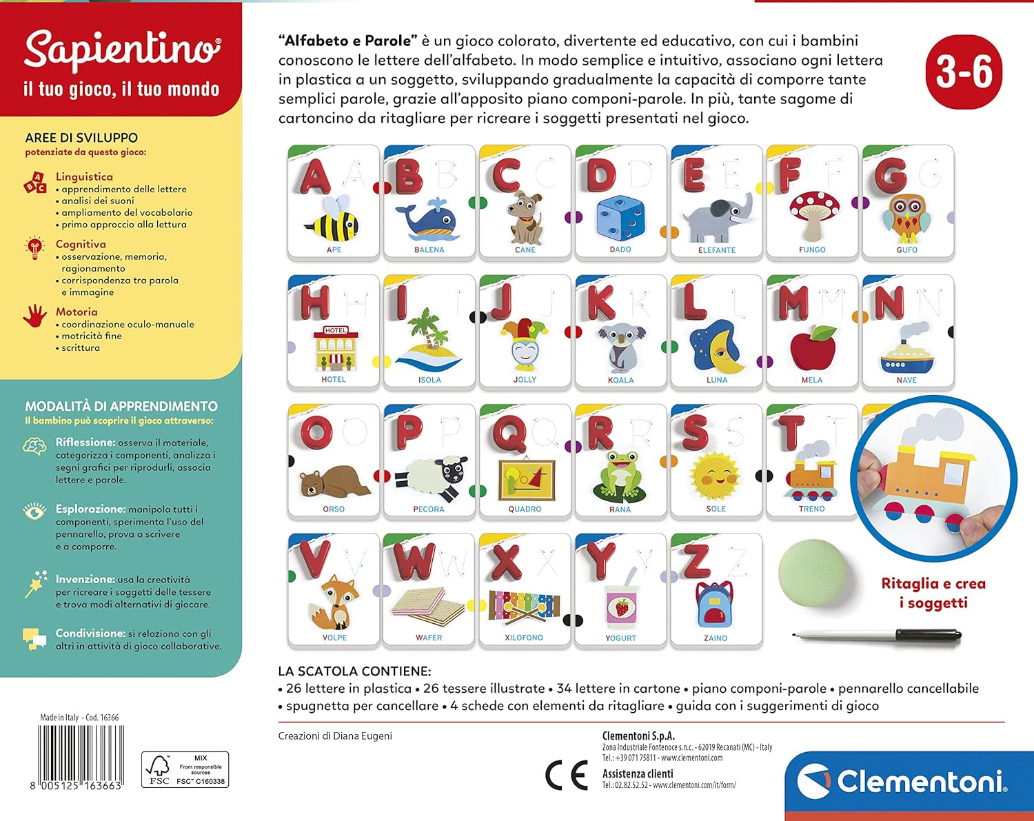 Clementoni - Sapientino Alphabet and Words, Educational Game 3 Years for Learning Letters, Language Development, Materials, 100% Recycled for Future Made in Italy, Multi-Colour, 16366