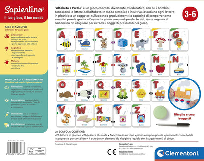 Clementoni - Sapientino Alphabet and Words, Educational Game 3 Years for Learning Letters, Language Development, Materials, 100% Recycled for Future Made in Italy, Multi-Colour, 16366