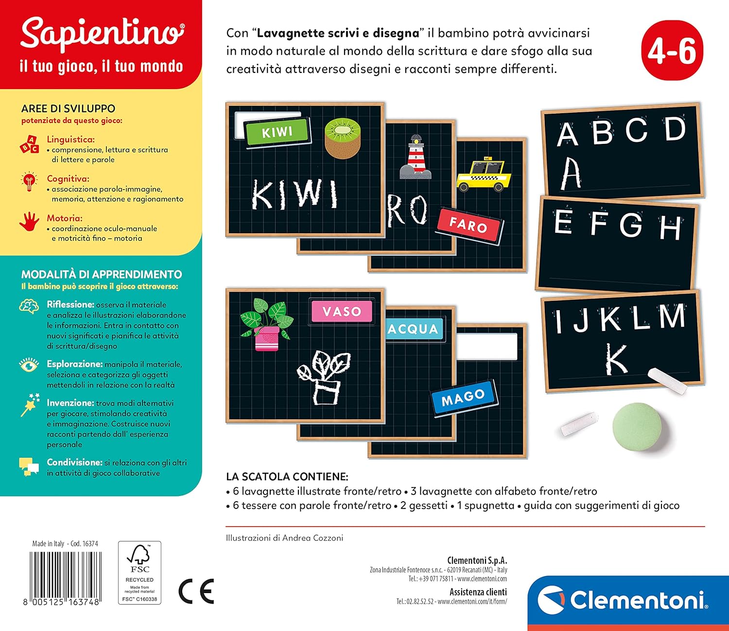 Clementoni Sapientino 16374 Writing and Drawing Chalkboard, Educational Game 4 Years for Learning to Write-Play for Future-Made in Italy, Multicoloured, 16374
