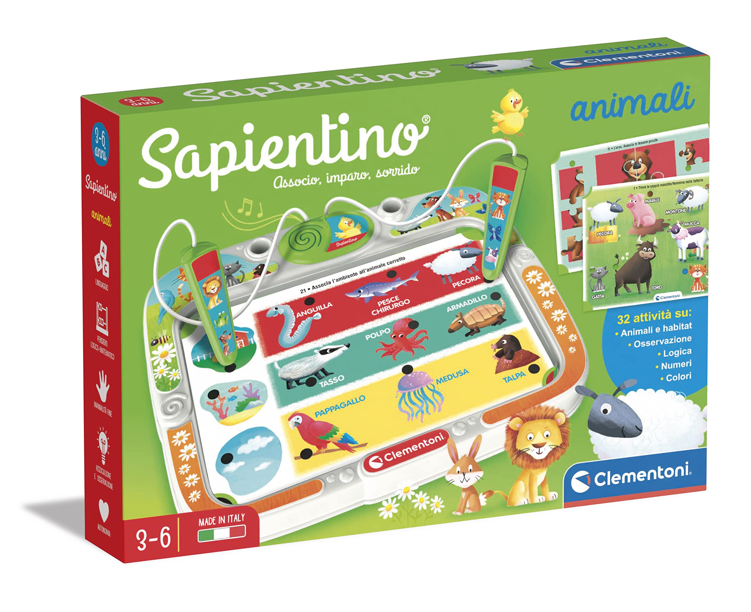 Clementoni - 16384 - Sapientino Animali E Natura - Banquet with Activity Cards and Interactive Pens, Educational Game 3 Years, Electronic (Italian Version) - Made in Italy