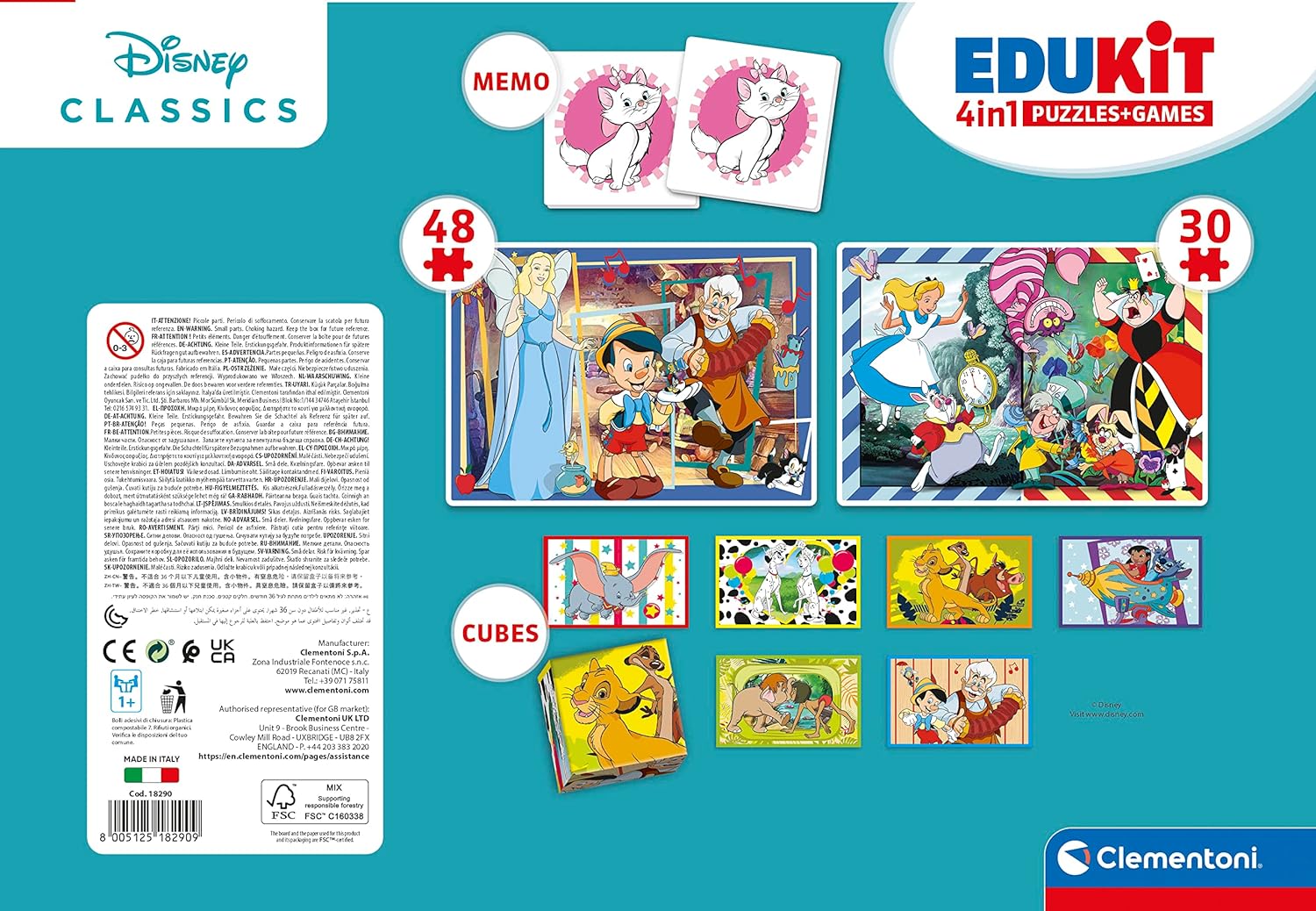 Clementoni - Edukit 4 En 1 Disney Classic - Juego Educativo Que Incluye Un Puzzle De 30 Piezas, Un Puzzle De 48 Piezas, Juego De Memoria Y 6 Cubos De Tus Personajes Favoritos, Juguete 3 Años (18290