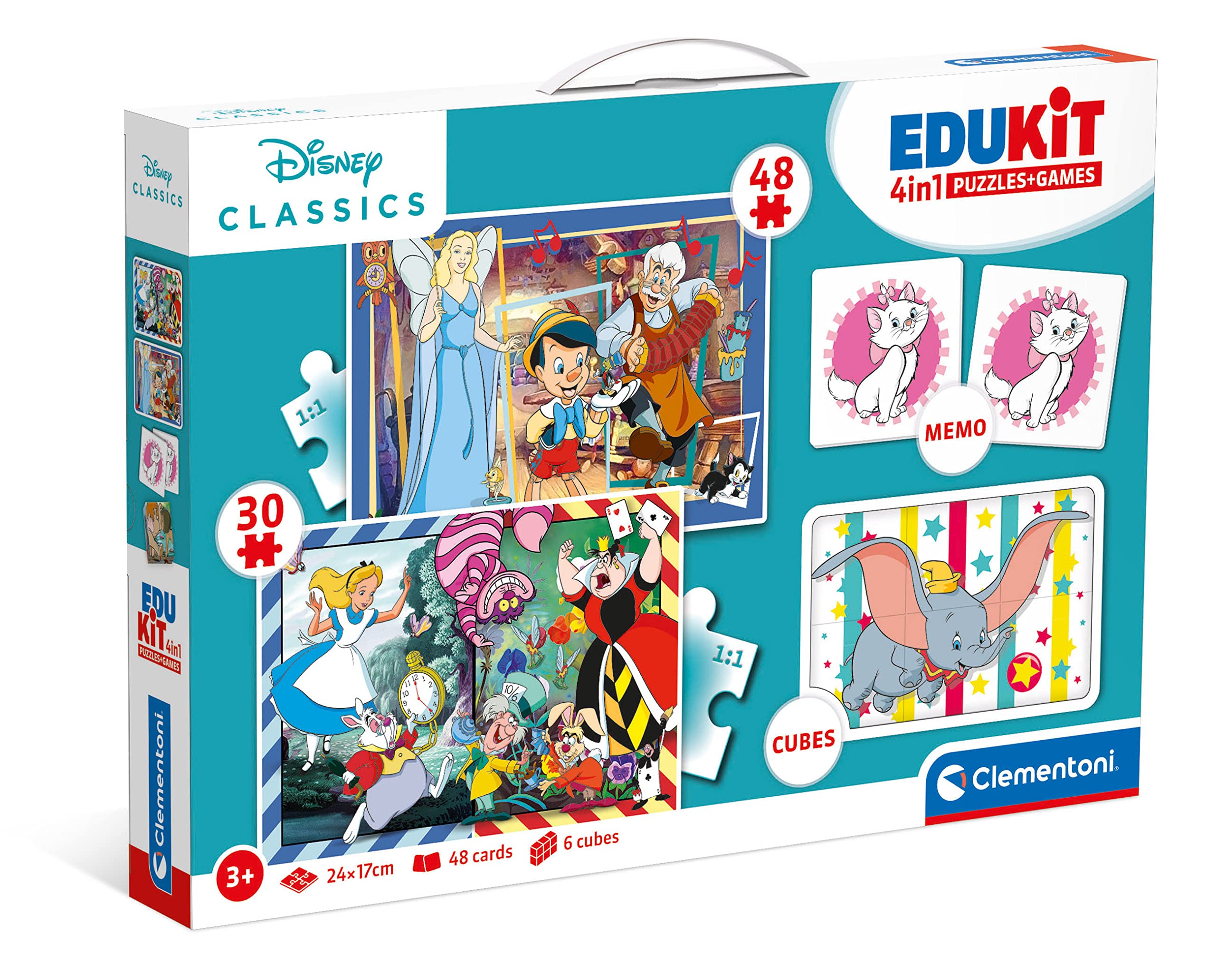Clementoni - Edukit 4 En 1 Disney Classic - Juego Educativo Que Incluye Un Puzzle De 30 Piezas, Un Puzzle De 48 Piezas, Juego De Memoria Y 6 Cubos De Tus Personajes Favoritos, Juguete 3 Años (18290