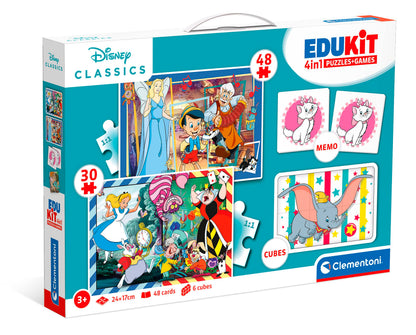 Clementoni - Edukit 4 En 1 Disney Classic - Juego Educativo Que Incluye Un Puzzle De 30 Piezas, Un Puzzle De 48 Piezas, Juego De Memoria Y 6 Cubos De Tus Personajes Favoritos, Juguete 3 Años (18290