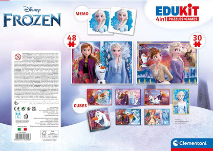 Clementoni - Edukit 4 En 1 Frozen - Un Juego Educativo Que Incluye Un Puzzle De 30 Piezas, Un Puzzle De 48 Piezas, Juego De Memoria Y 6 Cubos De Tus Personajes Favoritos, Juguete Niños 3 Años (18292