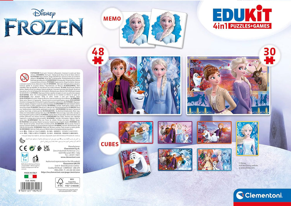Clementoni - Edukit 4 En 1 Frozen - Un Juego Educativo Que Incluye Un Puzzle De 30 Piezas, Un Puzzle De 48 Piezas, Juego De Memoria Y 6 Cubos De Tus Personajes Favoritos, Juguete Niños 3 Años (18292