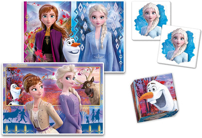 Clementoni - Edukit 4 En 1 Frozen - Un Juego Educativo Que Incluye Un Puzzle De 30 Piezas, Un Puzzle De 48 Piezas, Juego De Memoria Y 6 Cubos De Tus Personajes Favoritos, Juguete Niños 3 Años (18292
