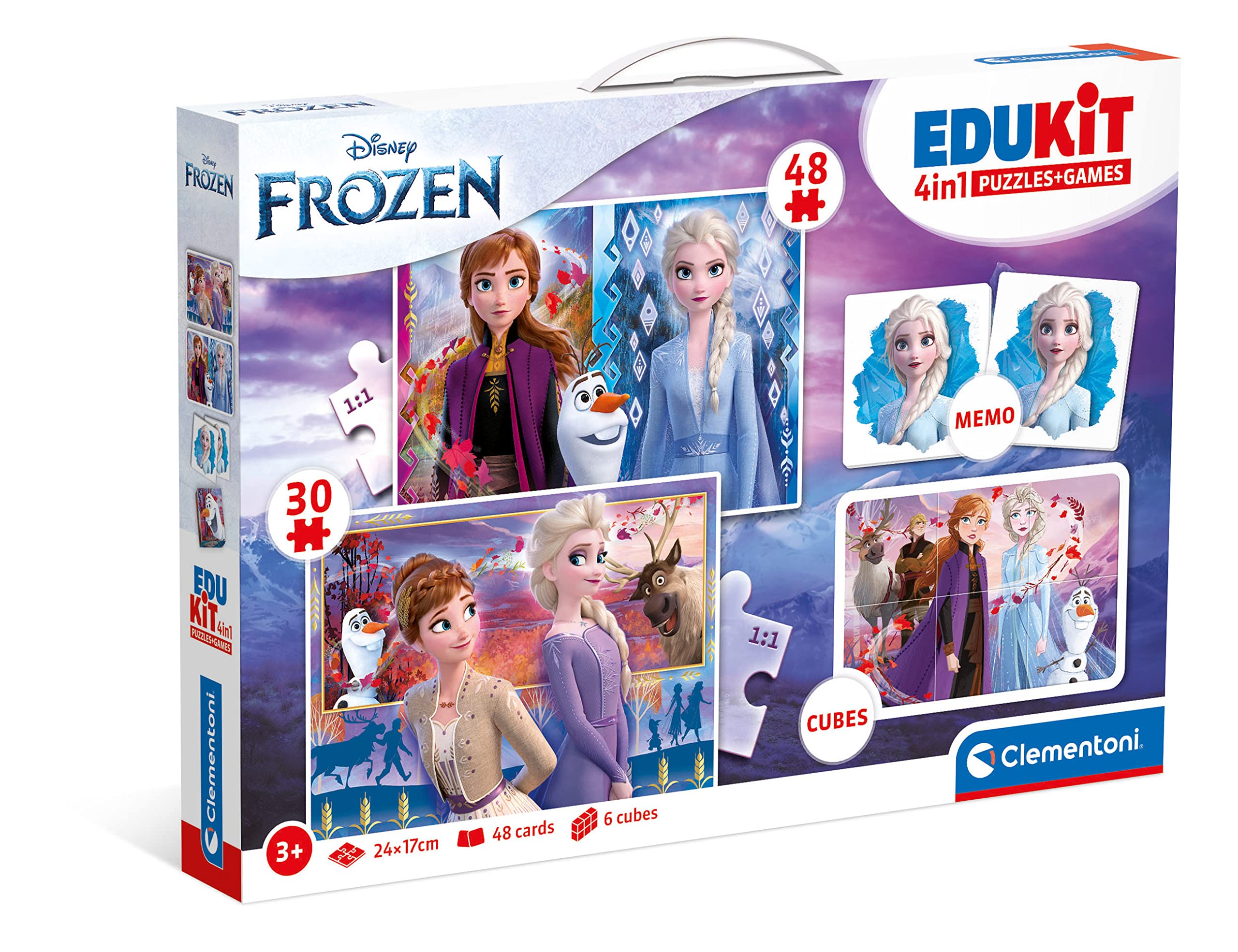 Clementoni - Edukit 4 En 1 Frozen - Un Juego Educativo Que Incluye Un Puzzle De 30 Piezas, Un Puzzle De 48 Piezas, Juego De Memoria Y 6 Cubos De Tus Personajes Favoritos, Juguete Niños 3 Años (18292
