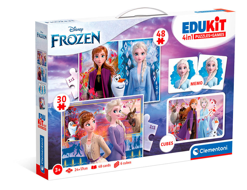 Clementoni - Edukit 4 En 1 Frozen - Un Juego Educativo Que Incluye Un Puzzle De 30 Piezas, Un Puzzle De 48 Piezas, Juego De Memoria Y 6 Cubos De Tus Personajes Favoritos, Juguete Niños 3 Años (18292