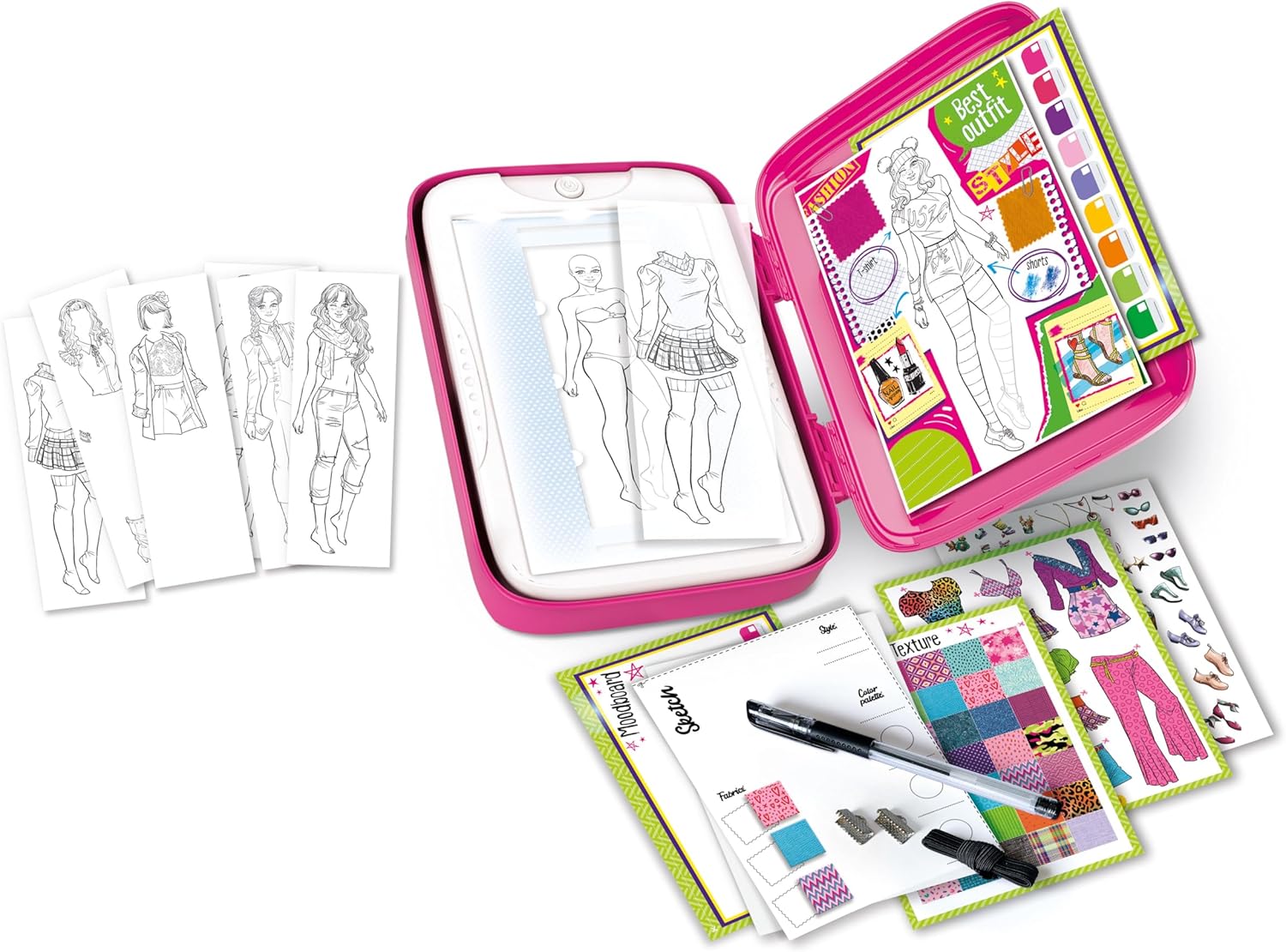 Clementoni Idea-Fashion Designer Light Board Clothing Set Creative Toy for Girls 6 Years Multicolor Folding Stand Lightweight Top Drawings Pattern Pen
