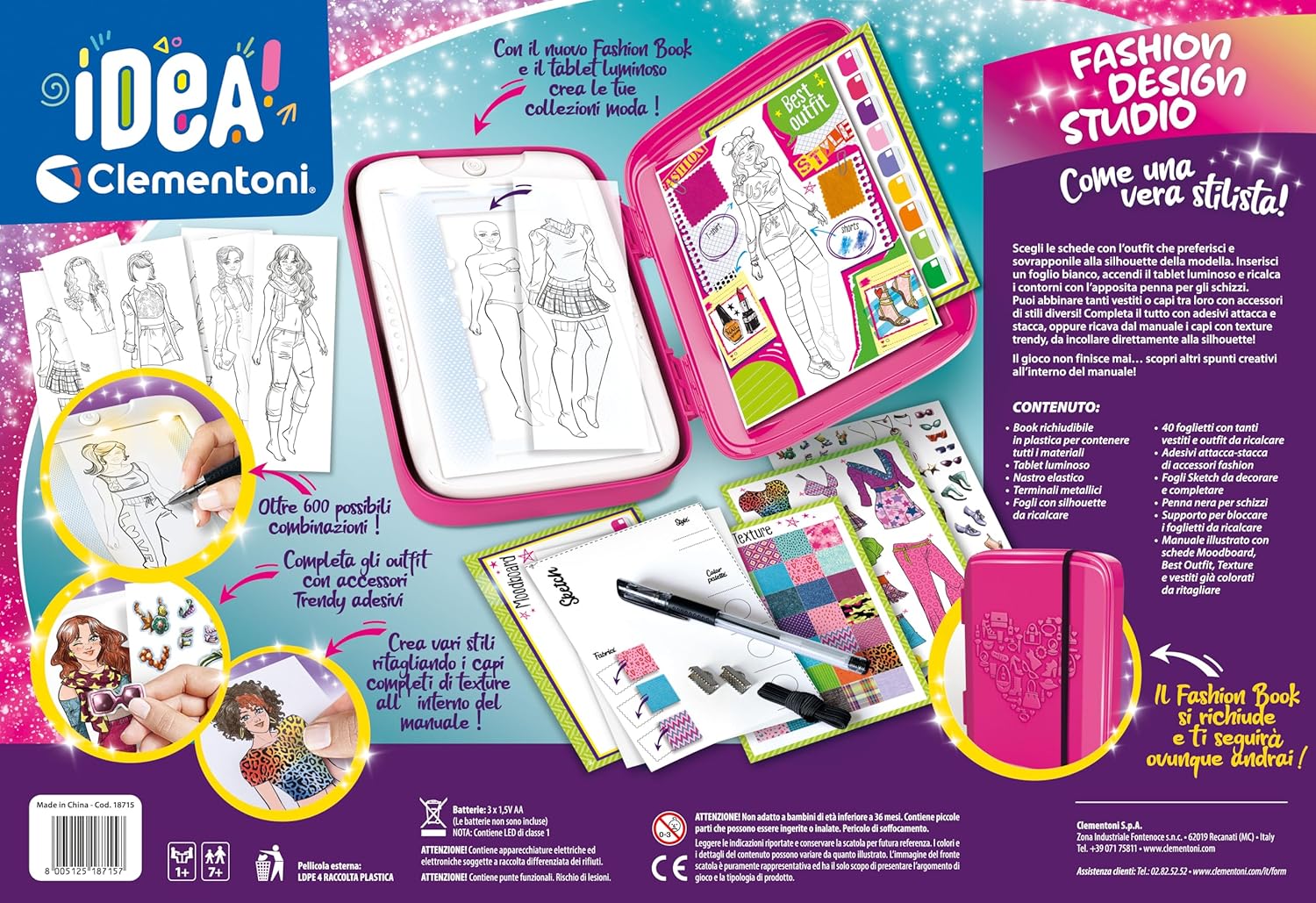 Clementoni Idea-Fashion Designer Light Board Clothing Set Creative Toy for Girls 6 Years Multicolor Folding Stand Lightweight Top Drawings Pattern Pen