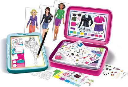 Clementoni Idea-Fashion Designer Light Board Clothing Set Creative Toy for Girls 6 Years Multicolor Folding Stand Lightweight Top Drawings Pattern Pen