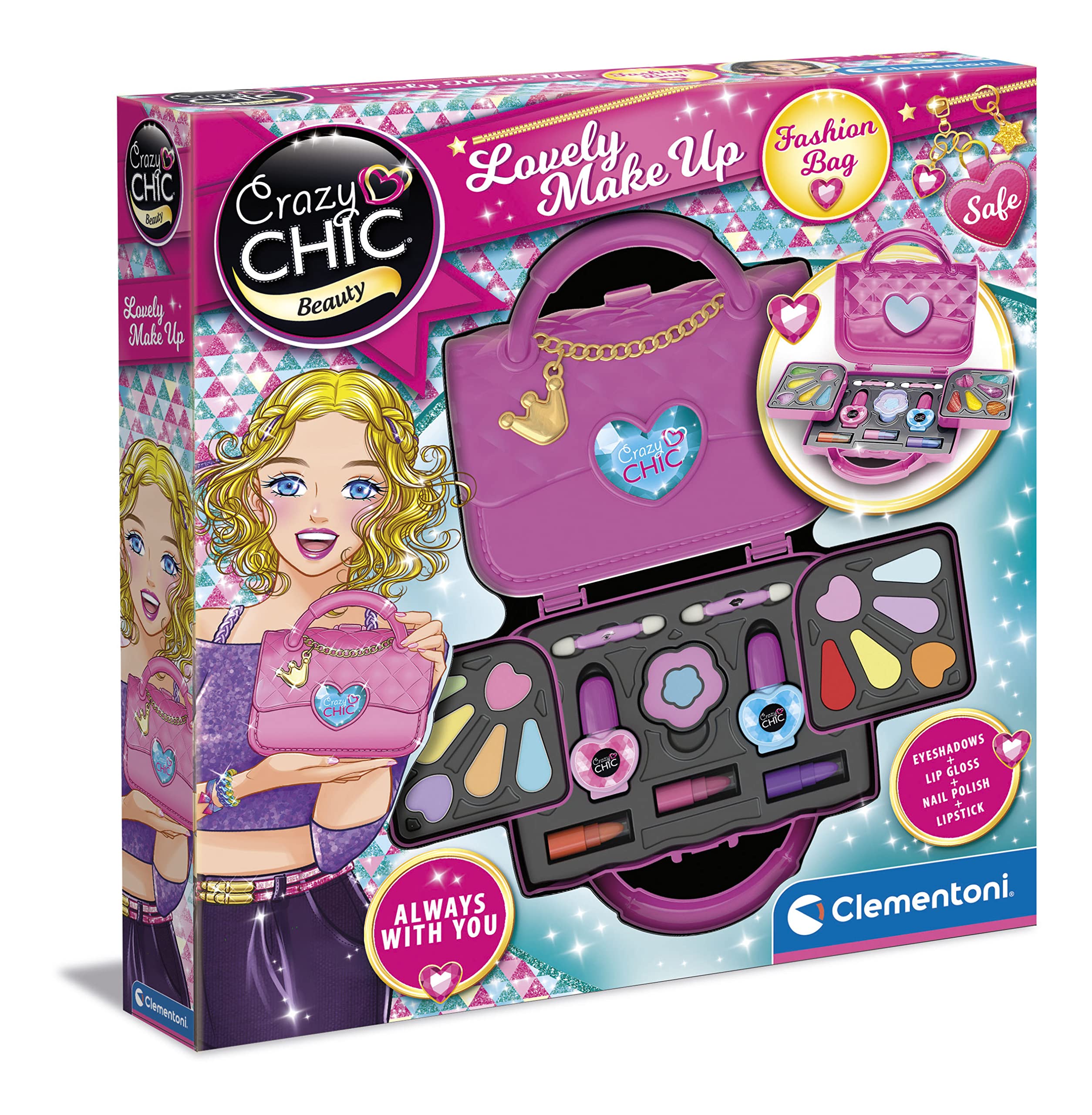 Clementoni 18743 Crazy Chic-Make Girl Bag, Washable, Cosmetic Set Children 6 Years, Handbag with Makeup, Multi-Coloured