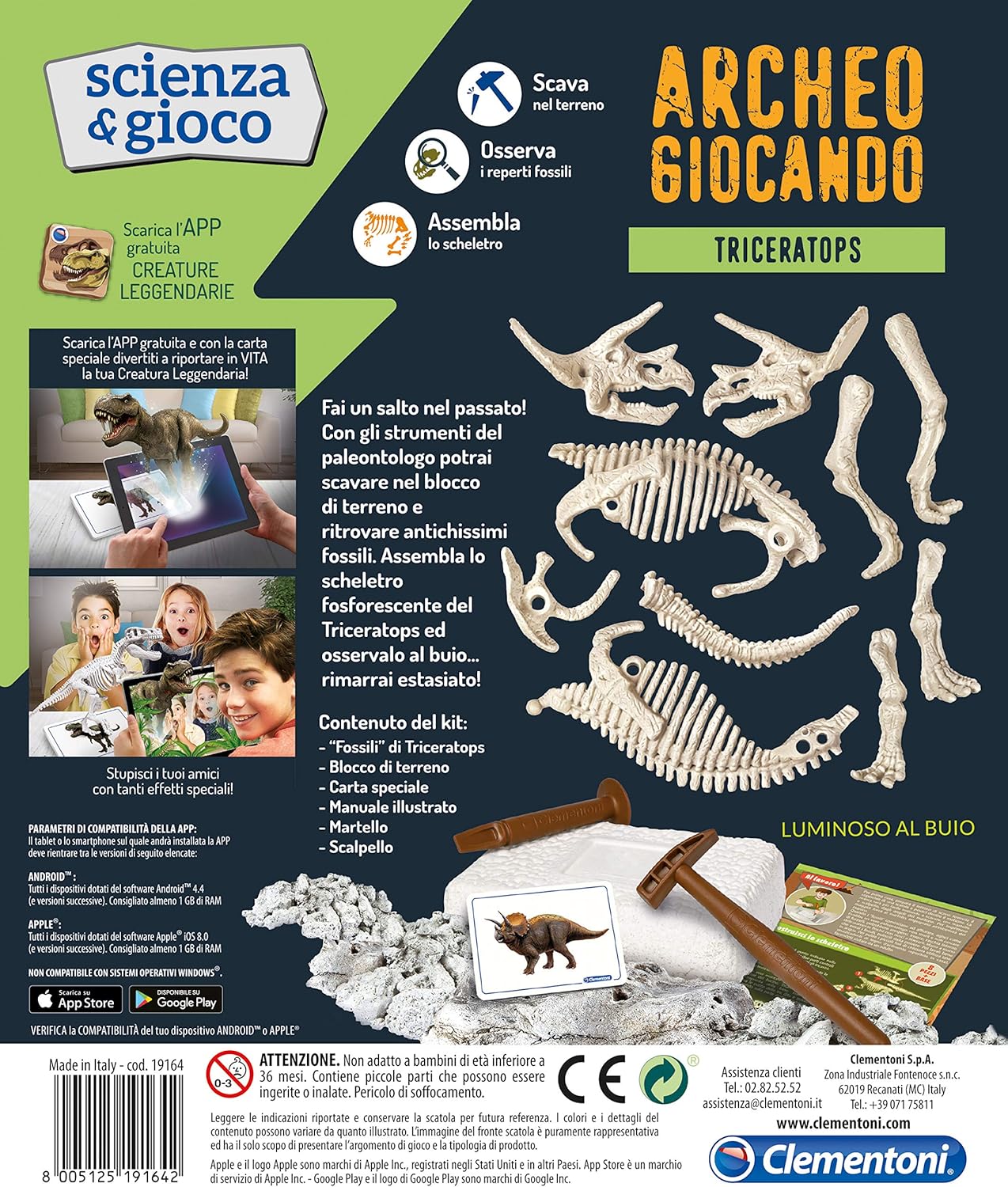 Clementoni 19164 Archaeoplaying Triceratops Luminous in the Dark Science Game, Single, Multi-Coloured