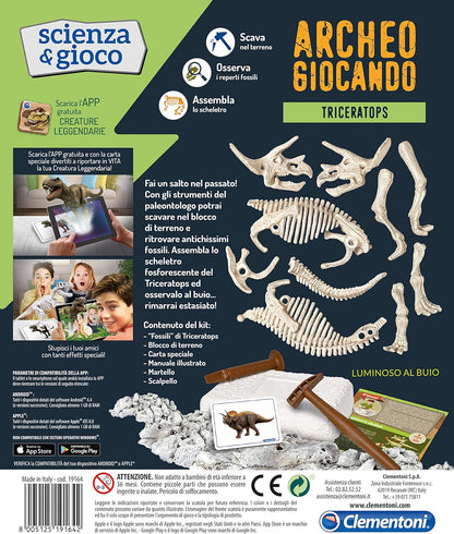 Clementoni 19164 Archaeoplaying Triceratops Luminous in the Dark Science Game, Single, Multi-Coloured