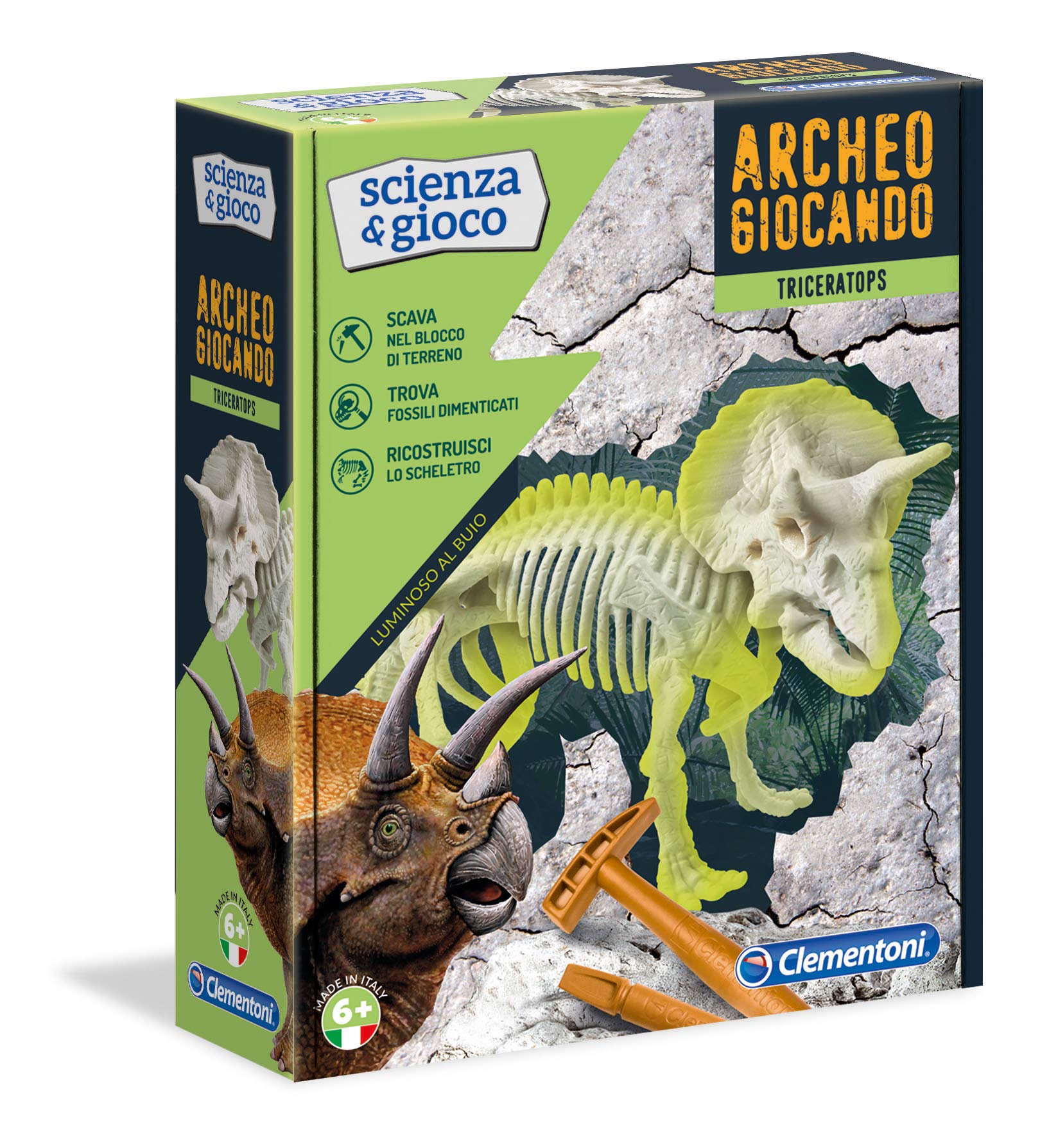 Clementoni 19164 Archaeoplaying Triceratops Luminous in the Dark Science Game, Single, Multi-Coloured