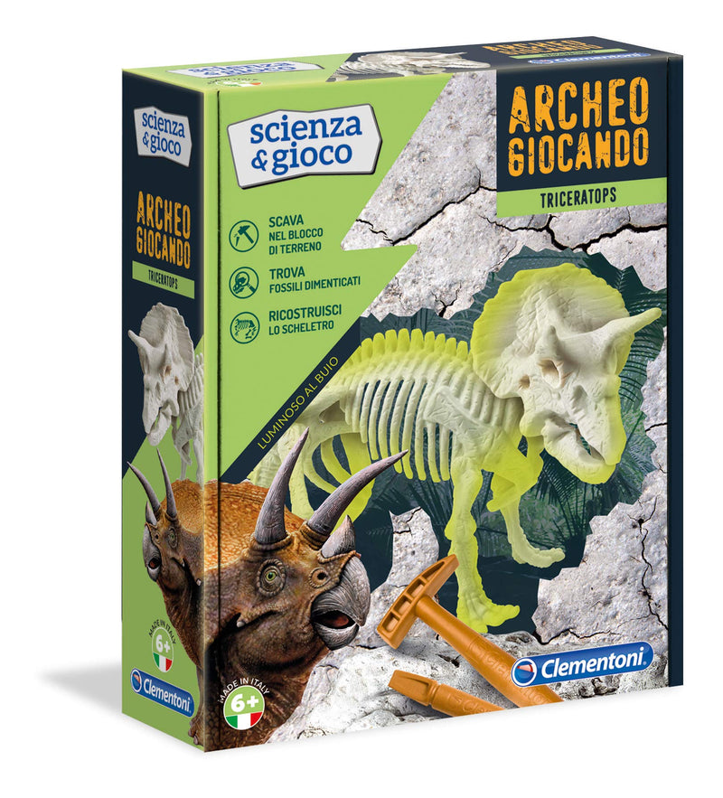 Clementoni 19164 Archaeoplaying Triceratops Luminous in the Dark Science Game, Single, Multi-Coloured