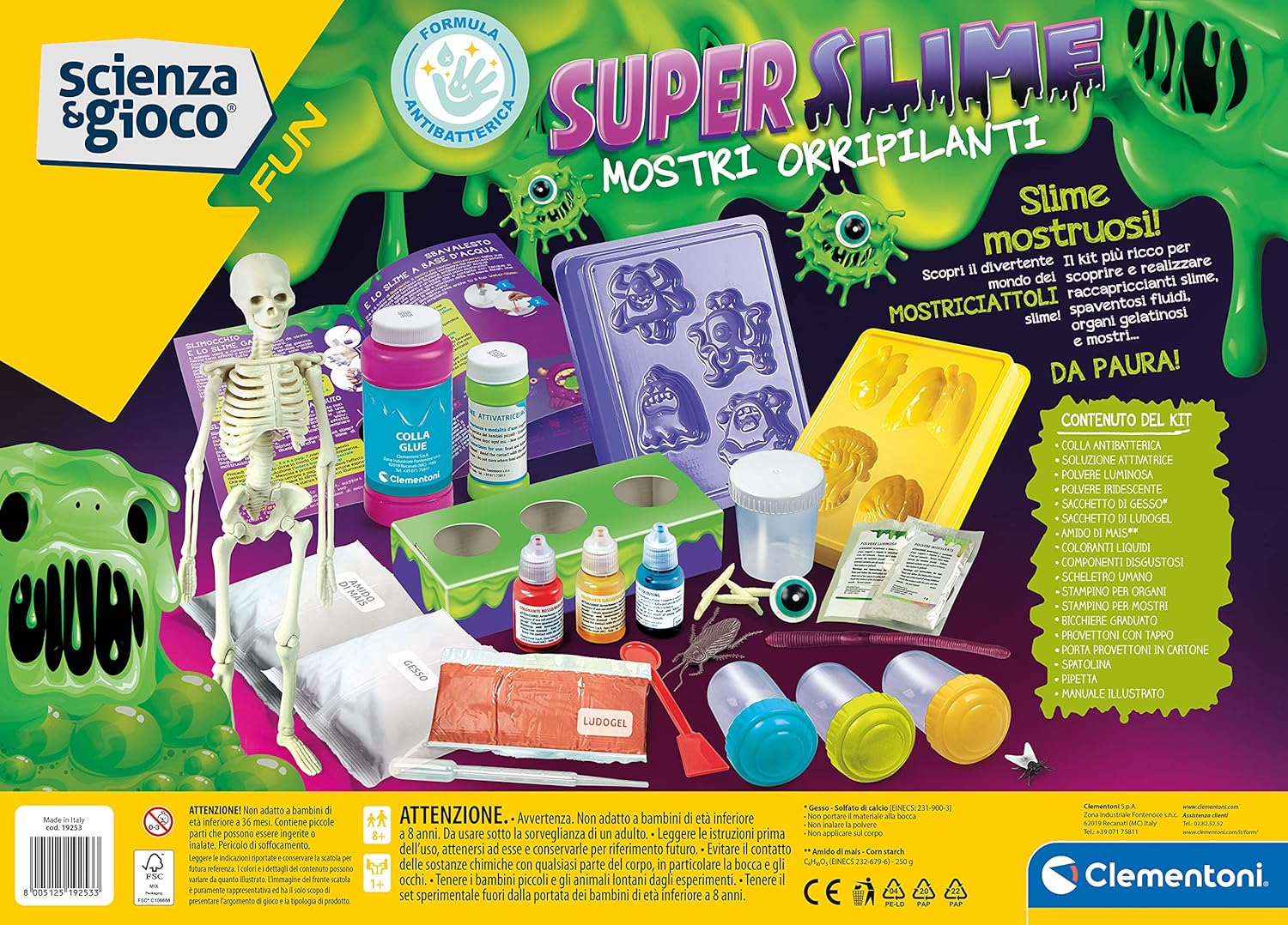 Clementoni - Fun-Super Science, Horrific Monsters-Laboratory, Slime Factory, Scientific Game Children 8 Years, Manual in Italian, Made in Italy, Multicolor, 19253