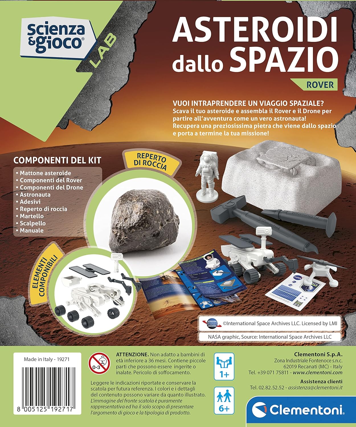 Clementoni - Science and Game Lab Space-Kit exploration-asteroid to dig, playset Rover Explorer with Astronaut, Scientific Laboratory 6 Years, Made in Italy, Multicolor, Medium, 19271