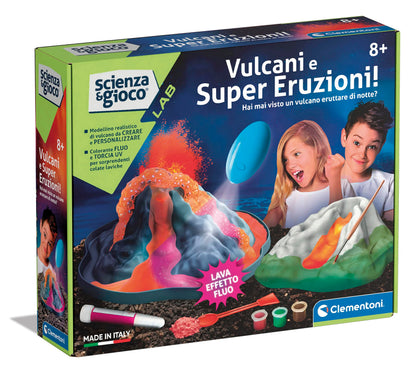 Clementoni - 19354 - Science and Play Lab - Volcanoes and Super Eruptions - Scientific Experiments for Children from 8 Years, Fluorescent Educational Volcanic Eruption (Game in Italian), Made in Italy