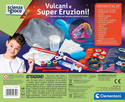 Clementoni - 19354 - Science and Play Lab - Volcanoes and Super Eruptions - Scientific Experiments for Children from 8 Years, Fluorescent Educational Volcanic Eruption (Game in Italian), Made in Italy