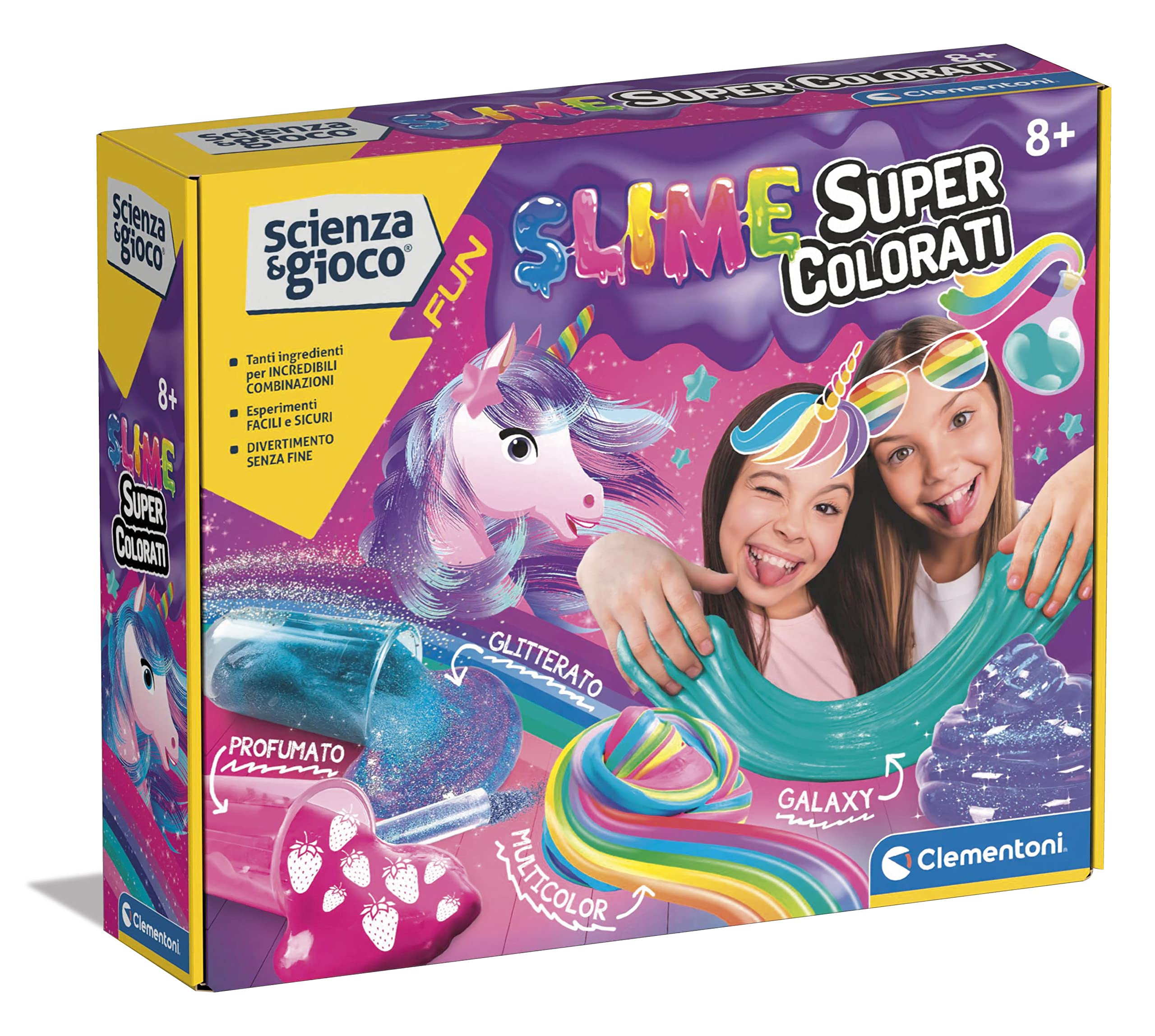 Clementoni - Science Fun Super Colorati-Scientific Game 8 Years, Experiments Laboratory, Factory, Kit for Slime, Italian Version, Colour, 19355 Super Colored Slime