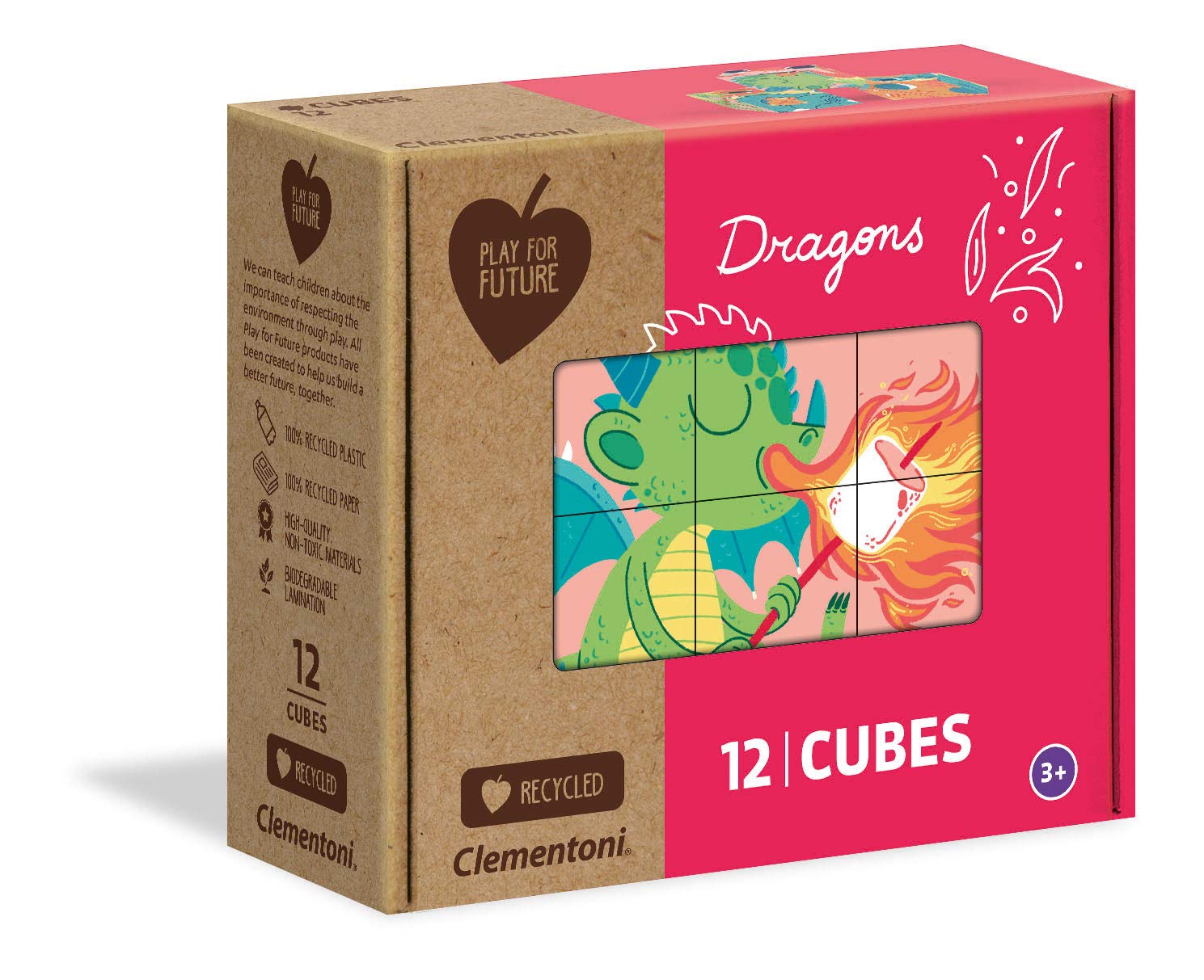 Clementoni 45006 Cubes Play for Future-Dragons-12 Pieces-Made in Italy-100% Recycled Materials, Jigsaw Puzzle for Kids